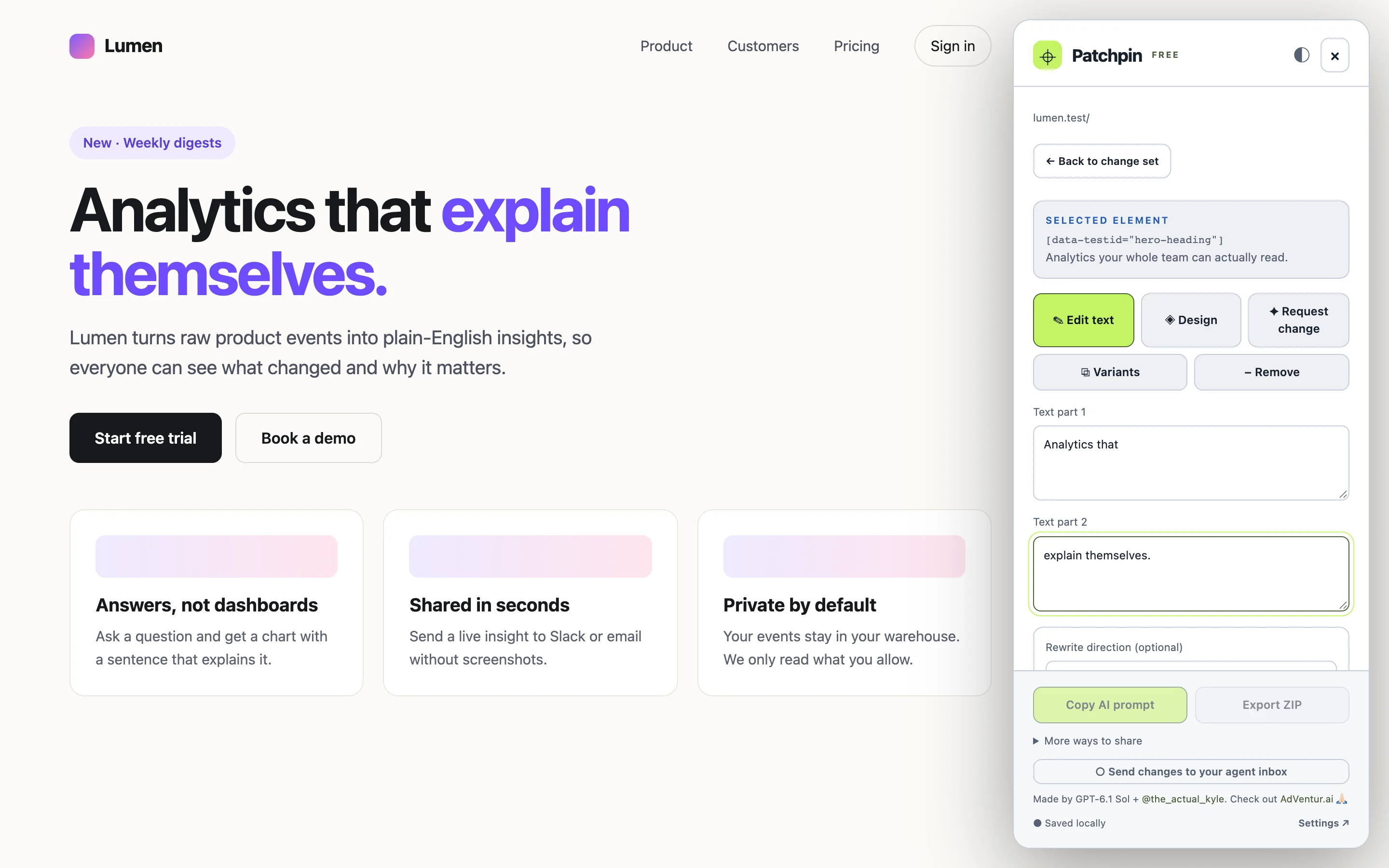 Editing the headline text live, with its purple highlighted span preserved
